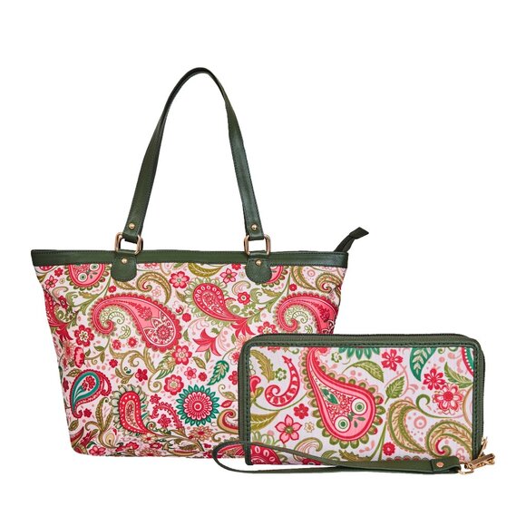 Handcrafted Paisley Printed shoulder Tote Bag & Wristlet Combo Set for Women - Picture 1 of 5